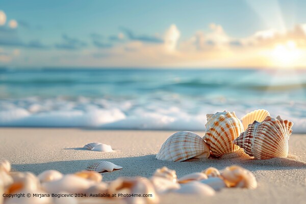 Seashells bask in the warmth of a setting sun, scattered across a sandy beach with gentle waves in the background Picture Board by Mirjana Bogicevic