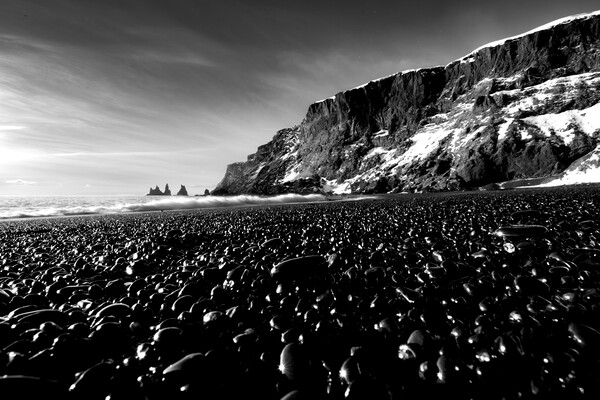 Reynisfjara Black Pebble Beach Iceland, Black and White Picture Board by Alice Rose