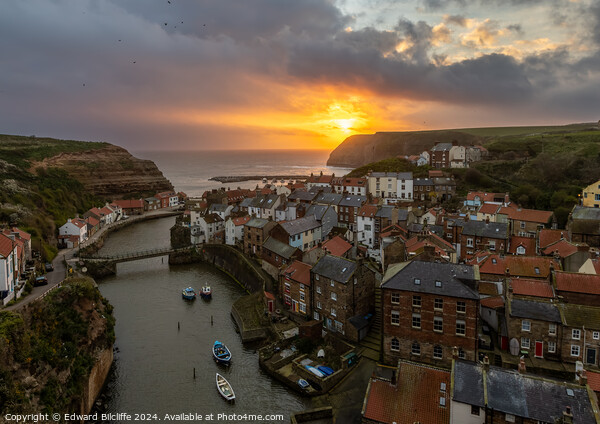 Staithes Golden Sunrise Picture Board by Edward Bilcliffe