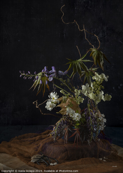 Flower arrangement with Wisteria, Viburnum and Maple leaves Picture Board by Kasia Ociepa