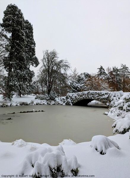 Old stone bridge and park lake in snow  Picture Board by Robert Galvin-Oliphant