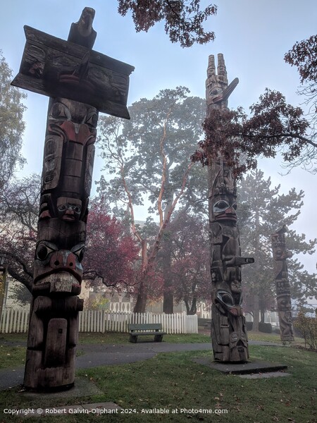 Misty Morning Totem Poles Picture Board by Robert Galvin-Oliphant
