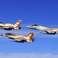 Buy canvas prints of 2 F-16 and one F-15 IAF fighter jets by PhotoStock Israel