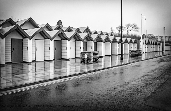 Rainy Day Beach Huts in Black and White, Swanage Picture Board by Kenn Sharp