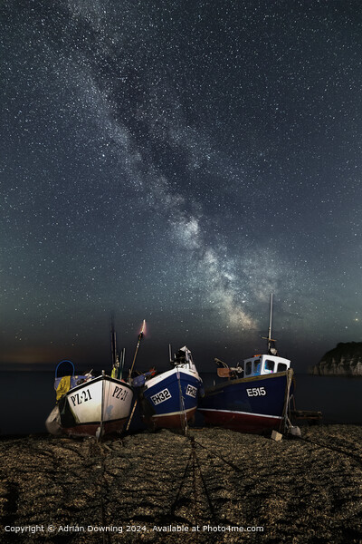 Fishing Boats under the Milky Way on Devon beach Picture Board by Adrian Downing