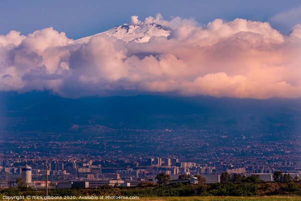 Mount Etna towering over a City Picture Board by mick gibbons