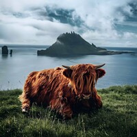 the Highland cow's striking, shaggy, reddish-brown fur, which sets it apart from other cattle.