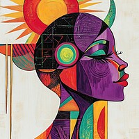 Vibrant Woman Portrait with Sun and Moon