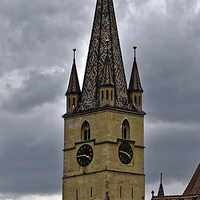 Buy canvas prints of Evangelical Cathedral, Sibiu, Romania, tower clock by Adrian Bud
