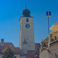 Buy canvas prints of Council Tower Sibiu Romania tower on blue sky by Adrian Bud