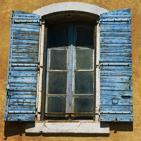 Buy canvas prints of Old Window with Blue Shutters by Jacqi Elmslie