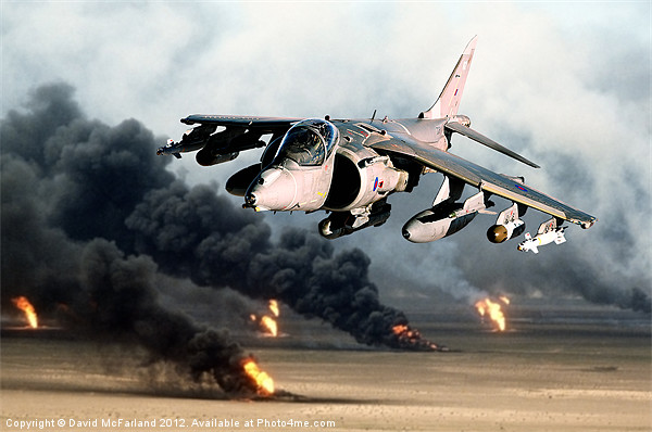 Low-level Harrier over burning oil wells Picture Board by David McFarland