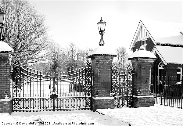 Lurgan Park gates in winter snow Picture Board by David McFarland