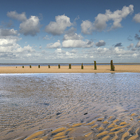Buy canvas prints of   Groynes at Brancaster Beach (Panoramic version) by Stephen Mole