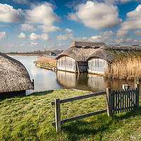 Buy canvas prints of Boathouses at Hickling Broad by Stephen Mole