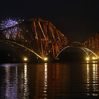 Buy canvas prints of  Fireworks at Rail Bridge by Andrew Beveridge
