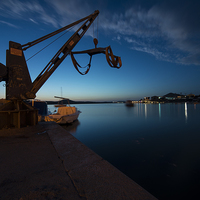 Buy canvas prints of  Sibinek boat crane at dusk  by Rob Hawkins