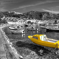 Buy canvas prints of Yellow boat of Hvar in mono by Rob Hawkins