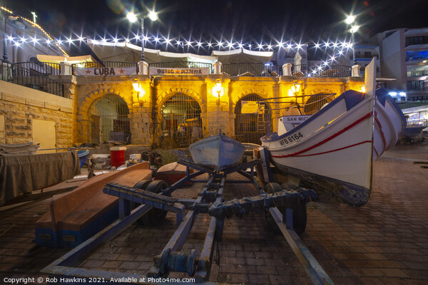 St Julians boat by Night Picture Board by Rob Hawkins