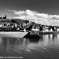 Buy canvas prints of A B&W Panoramic view of Whitby Beach and Harbour by Terry Senior