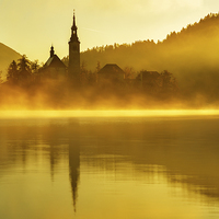 Buy canvas prints of Misty Lake Bled at sunrise by Ian Middleton