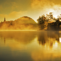 Buy canvas prints of Misty sunrise at Lake Bled by Ian Middleton