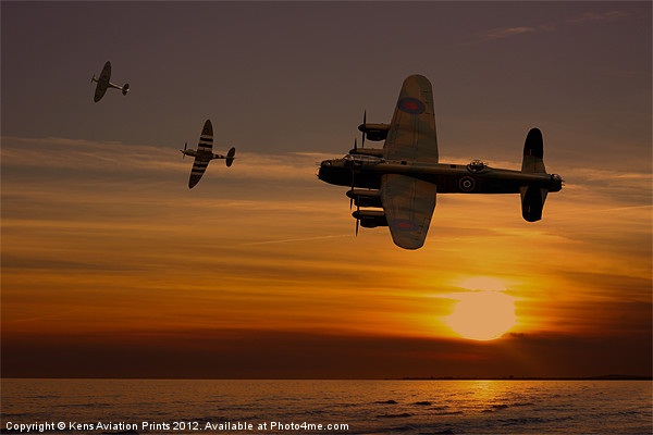 Lancaster Bomber sunset with spitfires Picture Board by Oxon Images