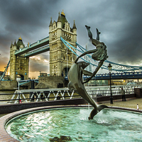 Buy canvas prints of Mermaid statue and Tower Bridge by Oxon Images