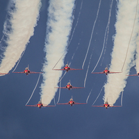 Buy canvas prints of  Red Arrows at Duxford 2014 by Oxon Images