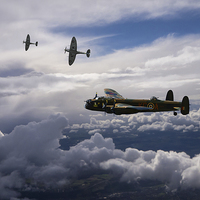 Buy canvas prints of Spitfire escort for Lancaster Bomber by Oxon Images