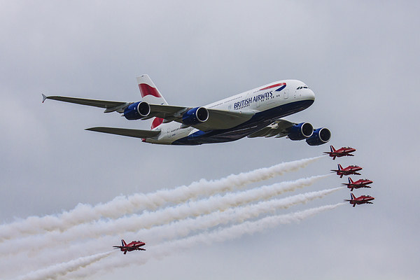  British Airways A380 Red Arrows Picture Board by Oxon Images