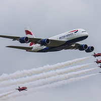 Buy canvas prints of  British Airways A380 Red Arrows by Oxon Images
