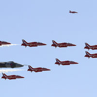 Buy canvas prints of  Vulcan Bomber Flypast with Red Arrows by Oxon Images