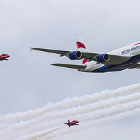 Buy canvas prints of British Airways Airbus A380 with Red Arrows by Oxon Images