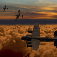 Buy canvas prints of  Sunset Spitfire escort by Oxon Images