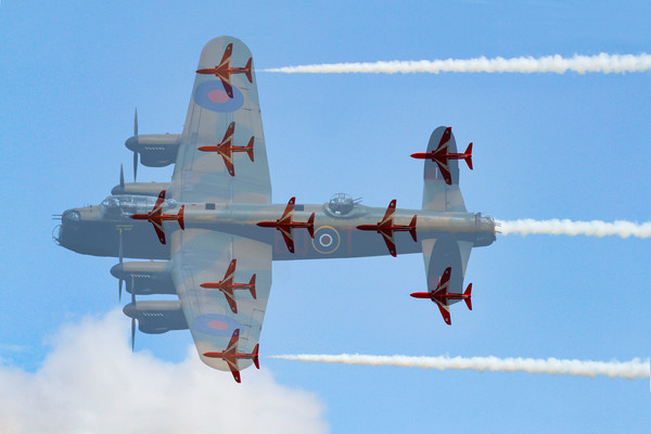 Red Arrows Lancaster formation Picture Board by Oxon Images