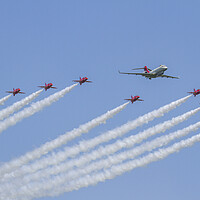 Buy canvas prints of Red Arrows and Sentinel R1 by Oxon Images