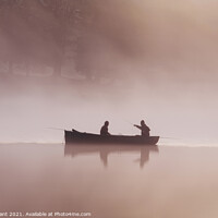 Buy canvas prints of People fishing from a boat on a misty lake at dawn. by Liam Grant
