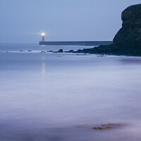 Buy canvas prints of Lighthouse and breaking waves at dusk twilight. Tynemouth, North by Liam Grant