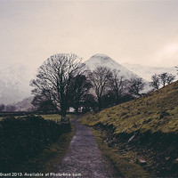 Buy canvas prints of Snowing. Footpath to farmhouse. Brothers Water, La by Liam Grant