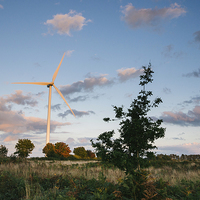 Buy canvas prints of Wind turbine lit with evening light at sunset. by Liam Grant