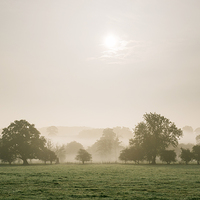 Buy canvas prints of Sunrise burning through heavy fog over countryside by Liam Grant