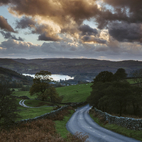 Buy canvas prints of Steep mountain road 'the struggle' at sunset, with Lake Winderme by Liam Grant