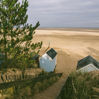 Buy canvas prints of Beach huts, steps and sunlit view out to sea. by Liam Grant