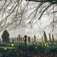 Buy canvas prints of Rural church and graveyard in early morning fog. by Liam Grant