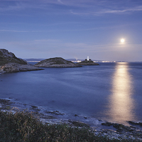 Buy canvas prints of Full moon and lighthouse at Mumbles Head. Wales, U by Liam Grant