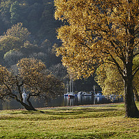 Buy canvas prints of Boats and autumnal colour. Ullswater, Cumbria, UK. by Liam Grant