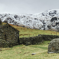 Buy canvas prints of Stone barn and snow capped mountains. Hartsop, Cum by Liam Grant
