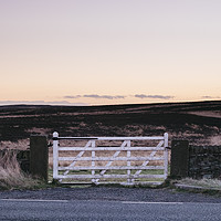 Buy canvas prints of White gate leading to moorland at twilight. Derbys by Liam Grant