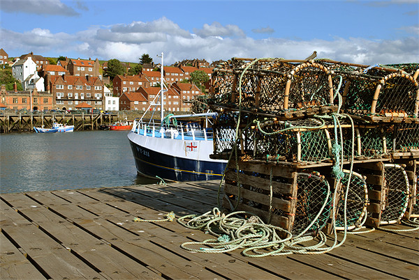 Lobster Pots and Fishing Boat in Whitby Harbour Picture Board by graham young